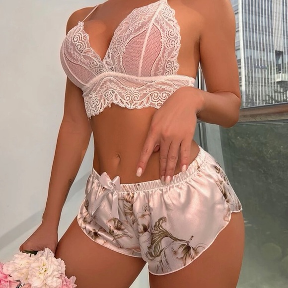 SEXY SATIN Floral Print Contrast Lace Lingerie Set *NEW* - Picture 4 of 5